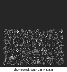 Vector pattern with easter and spring elements. Eggs in basket, bunny, flowers, birds