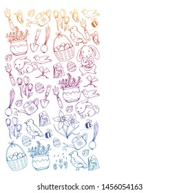 Vector pattern with easter and spring elements. Eggs in basket, bunny, flowers, birds