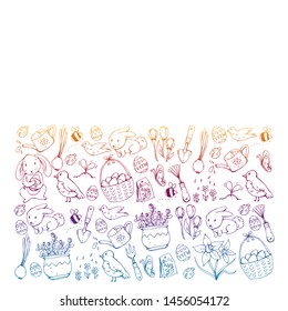 Vector pattern with easter and spring elements. Eggs in basket, bunny, flowers, birds