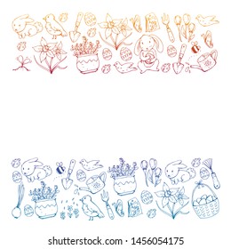 Vector pattern with easter and spring elements. Eggs in basket, bunny, flowers, birds