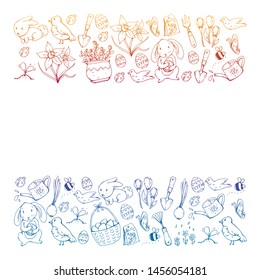 Vector pattern with easter and spring elements. Eggs in basket, bunny, flowers, birds