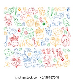 Vector pattern with easter and spring elements. Eggs in basket, bunny, flowers, birds