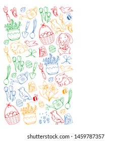 Vector pattern with easter and spring elements. Eggs in basket, bunny, flowers, birds