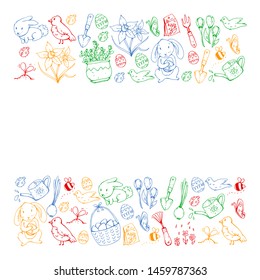 Vector pattern with easter and spring elements. Eggs in basket, bunny, flowers, birds