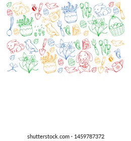 Vector pattern with easter and spring elements. Eggs in basket, bunny, flowers, birds