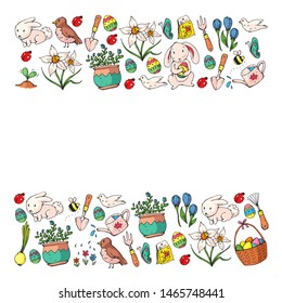 Vector pattern with Easter and spring elements. Eggs in basket, bunny, flowers, birds