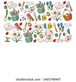 Vector pattern with Easter and spring elements. Eggs in basket, bunny, flowers, birds
