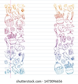 Vector pattern with easter and spring elements. Eggs in basket, bunny, flowers, birds