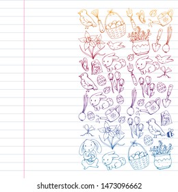 Vector pattern with easter and spring elements. Eggs in basket, bunny, flowers, birds