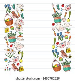 Vector pattern with easter and spring elements. Eggs in basket, bunny, flowers, birds