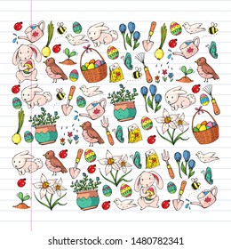 Vector pattern with easter and spring elements. Eggs in basket, bunny, flowers, birds