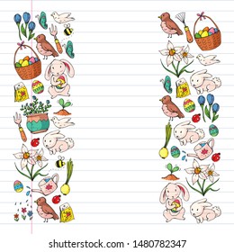 Vector pattern with easter and spring elements. Eggs in basket, bunny, flowers, birds