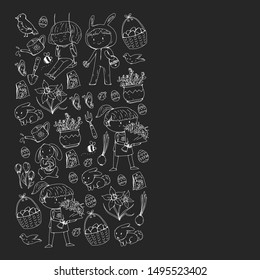 Vector pattern with easter and spring elements. Eggs in basket, bunny, flowers, birds