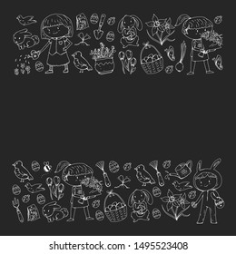 Vector pattern with easter and spring elements. Eggs in basket, bunny, flowers, birds