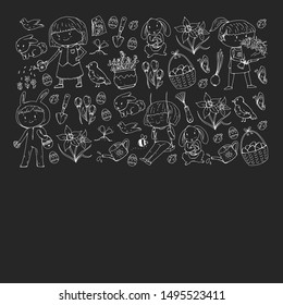 Vector pattern with easter and spring elements. Eggs in basket, bunny, flowers, birds