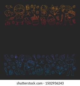 Vector pattern with easter and spring elements. Eggs in basket, bunny, flowers, birds