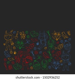 Vector pattern with easter and spring elements. Eggs in basket, bunny, flowers, birds