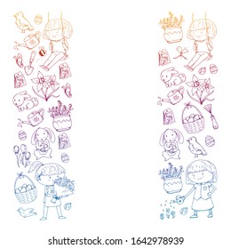 Vector pattern with easter and spring elements. Eggs in basket, bunny, flowers, birds