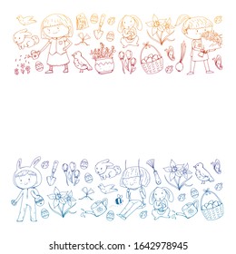 Vector pattern with easter and spring elements. Eggs in basket, bunny, flowers, birds