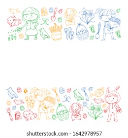 Vector pattern with easter and spring elements. Eggs in basket, bunny, flowers, birds