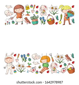 Vector pattern with easter and spring elements. Eggs in basket, bunny, flowers, birds