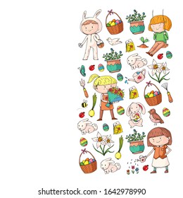 Vector pattern with easter and spring elements. Eggs in basket, bunny, flowers, birds
