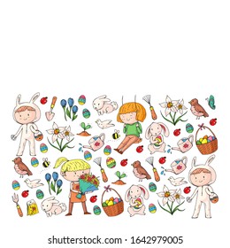 Vector pattern with easter and spring elements. Eggs in basket, bunny, flowers, birds