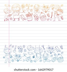 Vector pattern with easter and spring elements. Eggs in basket, bunny, flowers, birds