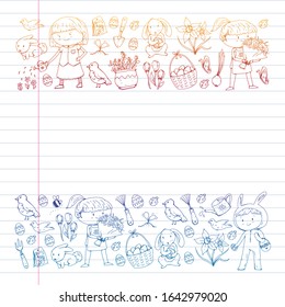 Vector pattern with easter and spring elements. Eggs in basket, bunny, flowers, birds