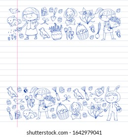 Vector pattern with easter and spring elements. Eggs in basket, bunny, flowers, birds