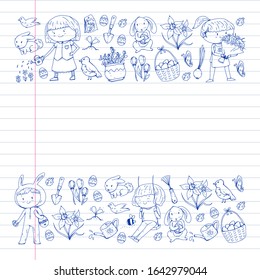 Vector pattern with easter and spring elements. Eggs in basket, bunny, flowers, birds