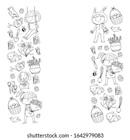 Vector pattern with easter and spring elements. Eggs in basket, bunny, flowers, birds