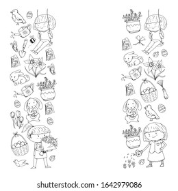 Vector pattern with easter and spring elements. Eggs in basket, bunny, flowers, birds