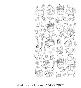 Vector pattern with easter and spring elements. Eggs in basket, bunny, flowers, birds