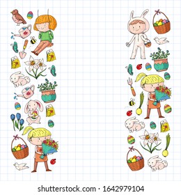 Vector pattern with easter and spring elements. Eggs in basket, bunny, flowers, birds