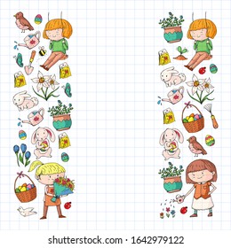 Vector pattern with easter and spring elements. Eggs in basket, bunny, flowers, birds