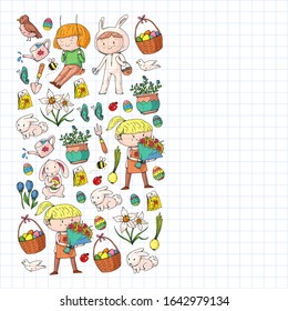 Vector pattern with easter and spring elements. Eggs in basket, bunny, flowers, birds