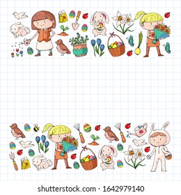 Vector pattern with easter and spring elements. Eggs in basket, bunny, flowers, birds