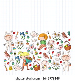 Vector pattern with easter and spring elements. Eggs in basket, bunny, flowers, birds