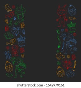 Vector pattern with easter and spring elements. Eggs in basket, bunny, flowers, birds