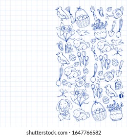 Vector pattern with easter and spring elements. Eggs in basket, bunny, flowers, birds