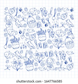 Vector pattern with easter and spring elements. Eggs in basket, bunny, flowers, birds