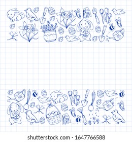 Vector pattern with easter and spring elements. Eggs in basket, bunny, flowers, birds