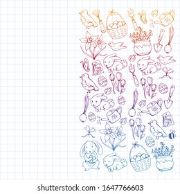 Vector pattern with easter and spring elements. Eggs in basket, bunny, flowers, birds