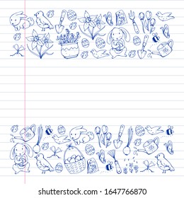 Vector pattern with easter and spring elements. Eggs in basket, bunny, flowers, birds