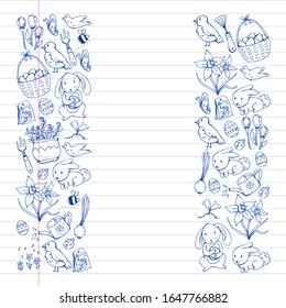 Vector pattern with easter and spring elements. Eggs in basket, bunny, flowers, birds