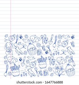Vector pattern with easter and spring elements. Eggs in basket, bunny, flowers, birds