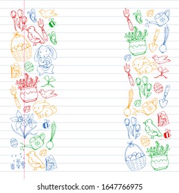 Vector pattern with easter and spring elements. Eggs in basket, bunny, flowers, birds