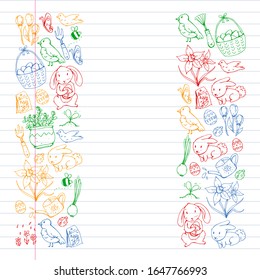 Vector pattern with easter and spring elements. Eggs in basket, bunny, flowers, birds