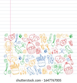 Vector pattern with easter and spring elements. Eggs in basket, bunny, flowers, birds